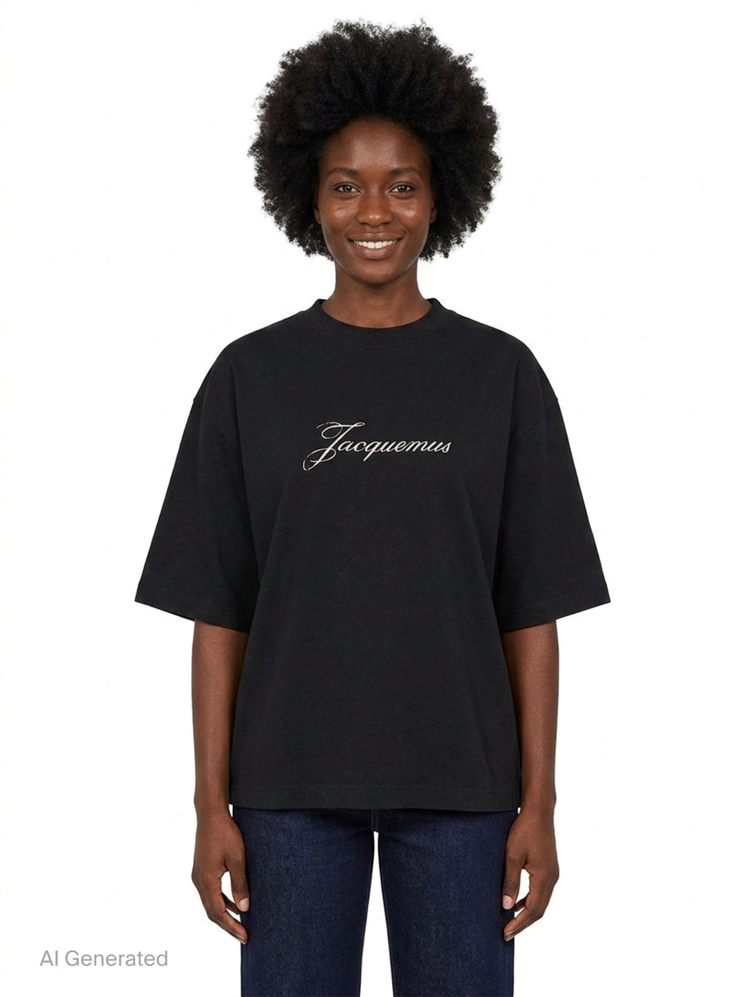 Jacquemus black oversized short-sleeve t-shirt with embroidered cursive logo across the chest and ribbed crew neckline, displayed on a white background - front