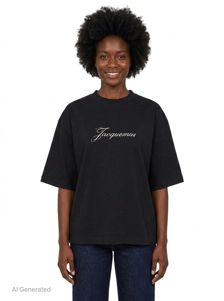 Jacquemus black oversized short-sleeve t-shirt with embroidered cursive logo across the chest and ribbed crew neckline, displayed on a white background - front