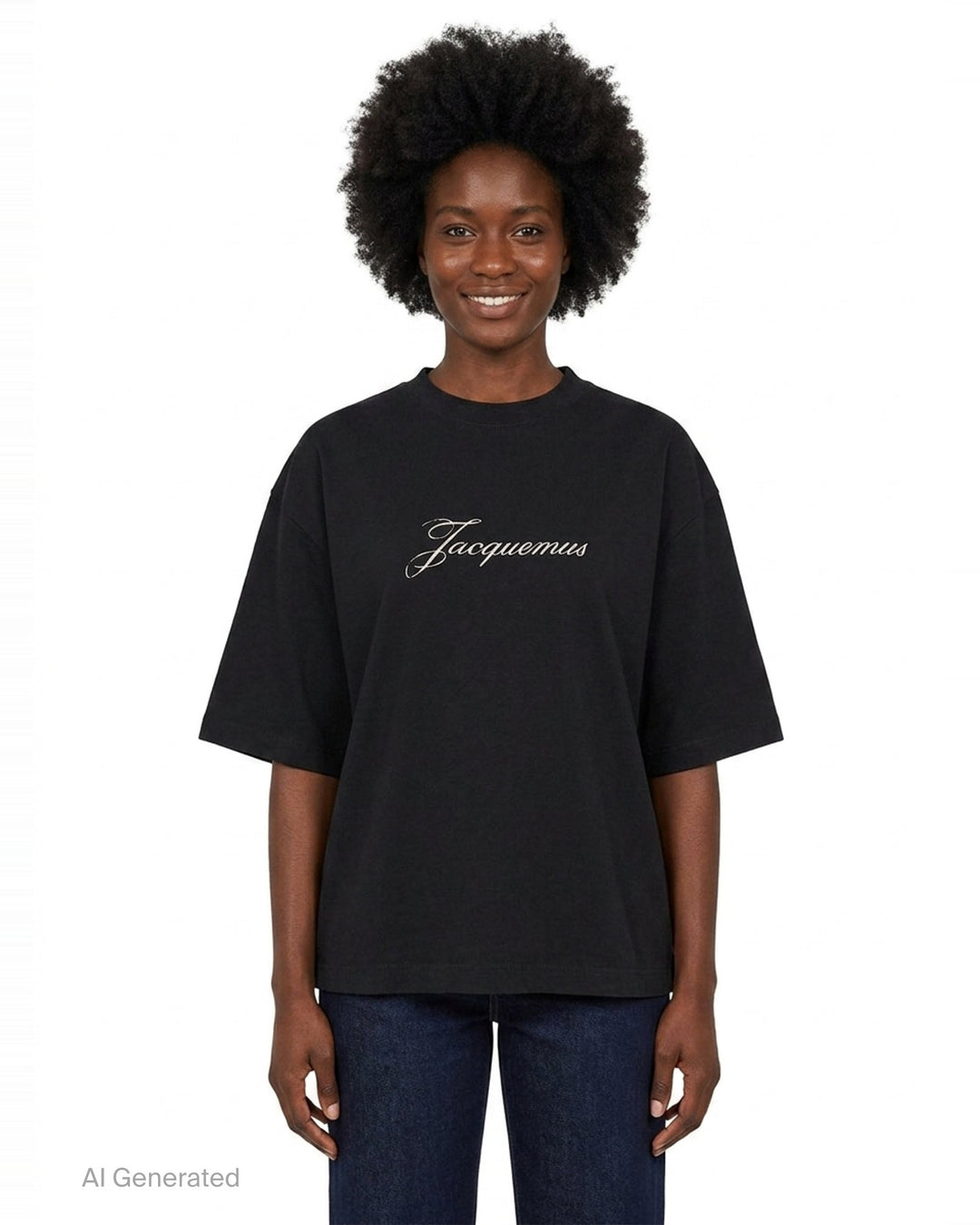 Jacquemus black oversized short-sleeve t-shirt with embroidered cursive logo across the chest and ribbed crew neckline, displayed on a white background - front
