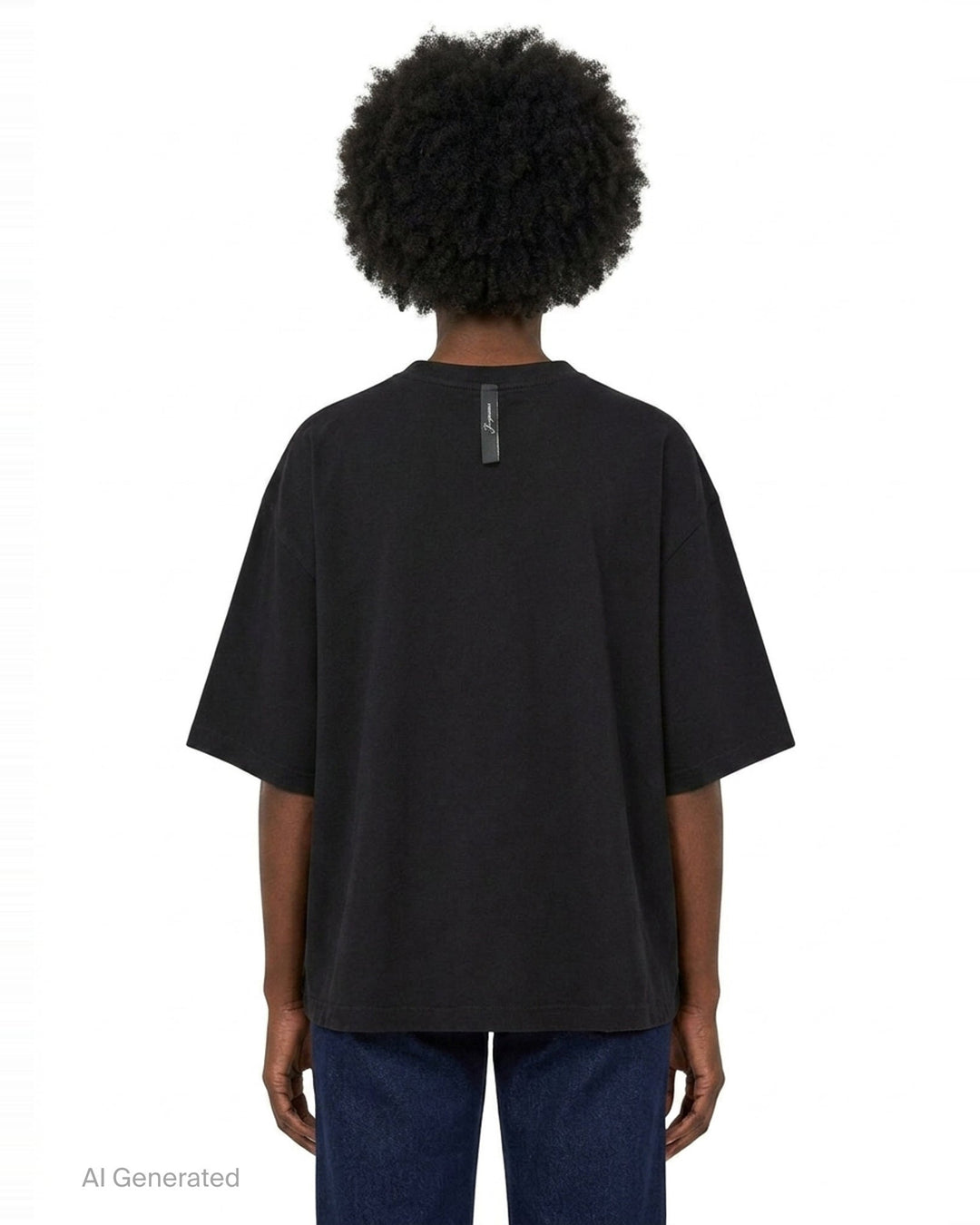 Jacquemus black oversized short-sleeve t-shirt with embroidered cursive logo across the chest and ribbed crew neckline, displayed on a white background - back