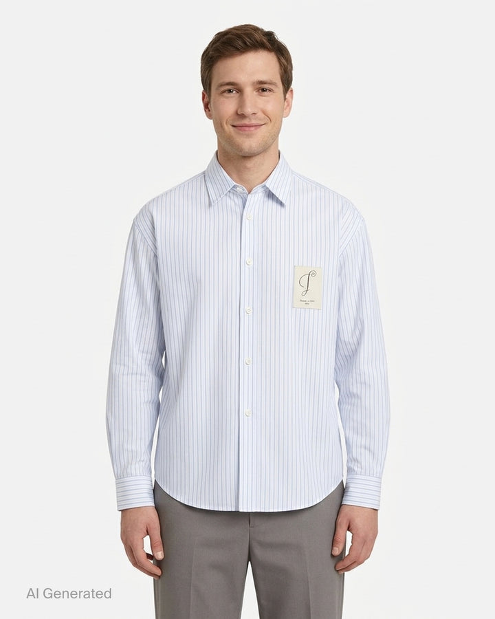 Jacquemus Simon long sleeve shirt in blue and white pinstripe with a script 'J' patch on the chest - front