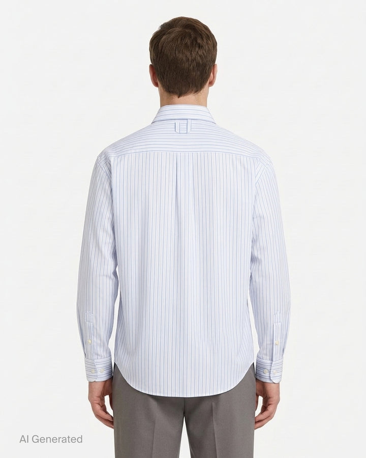 Jacquemus Simon long sleeve shirt in blue and white pinstripe with a script 'J' patch on the chest - back