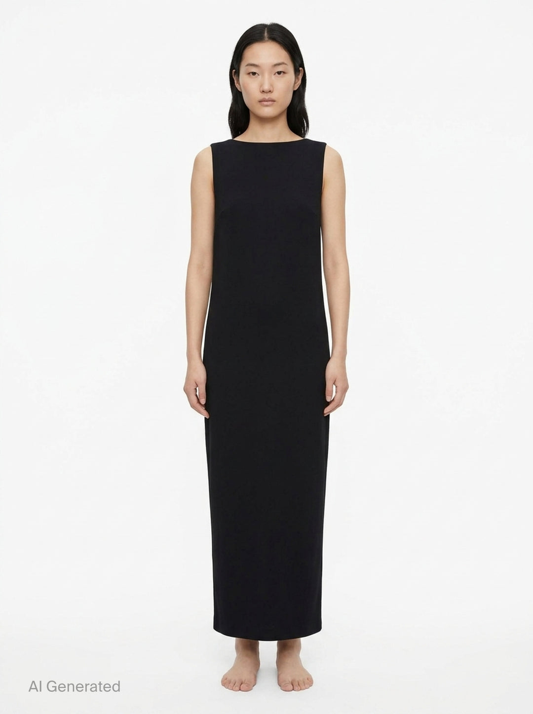 Jil Sander black strapless top with structured bodice, column silhouette, and double split hem detail, shown front-facing on white background - front