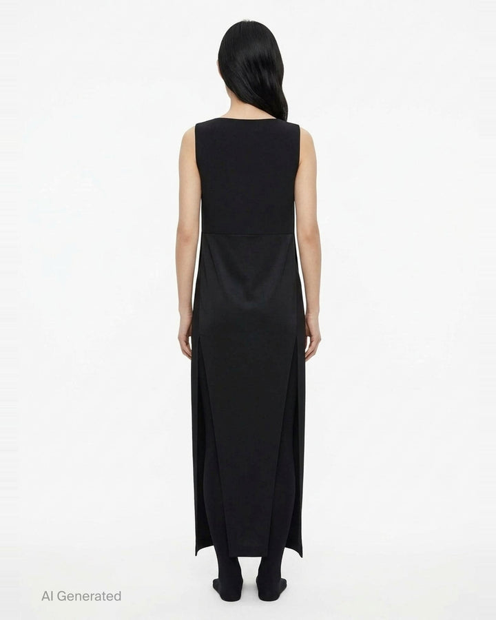 Jil Sander black strapless top with structured bodice, column silhouette, and double split hem detail, shown front-facing on white background - back
