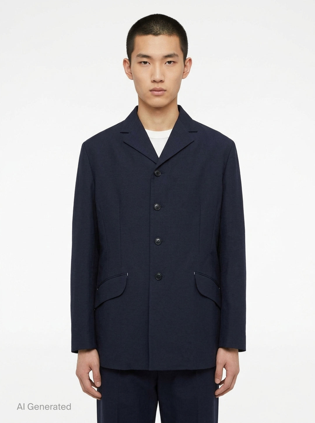 Jil Sander navy fil-a-fil wool jacket with camp collar, four-button fastening, and curved flap pockets with metal hardware — front view on white background - front