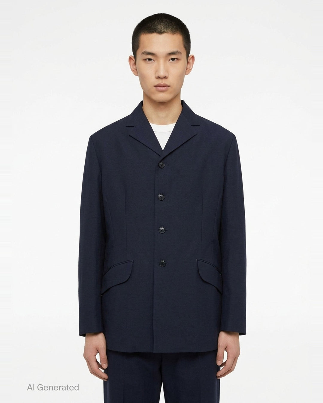 Jil Sander navy fil-a-fil wool jacket with camp collar, four-button fastening, and curved flap pockets with metal hardware — front view on white background - front