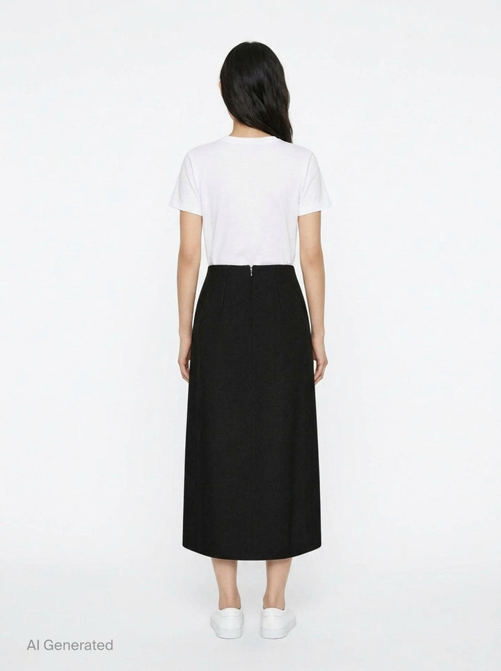Jil Sander heavy textured sablé black midi skirt with dramatic asymmetric cut-out hem and high-rise waistband, displayed on white background - back