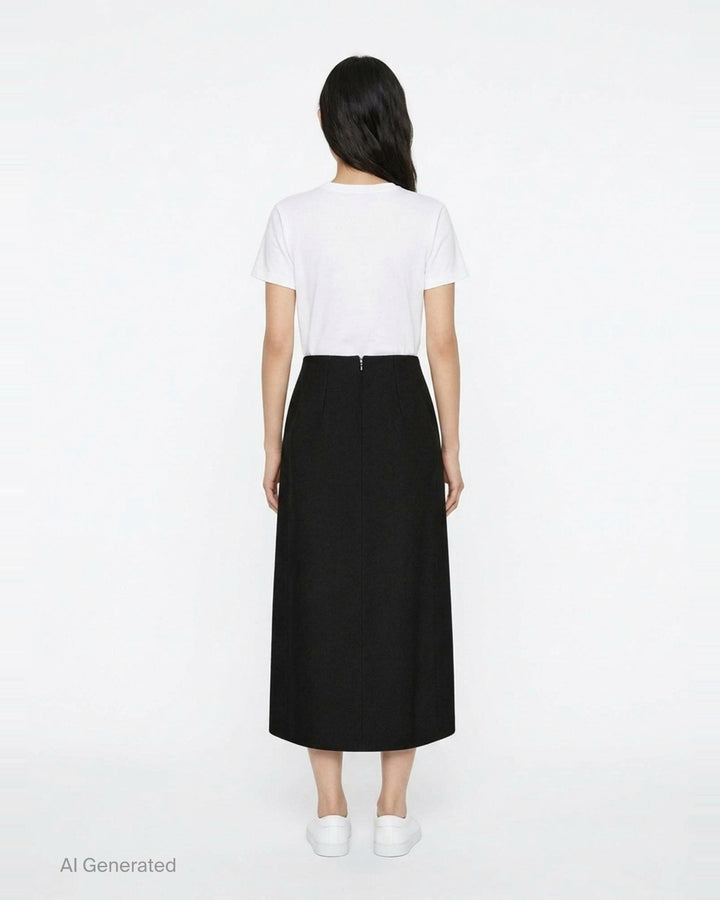 Jil Sander heavy textured sablé black midi skirt with dramatic asymmetric cut-out hem and high-rise waistband, displayed on white background - back