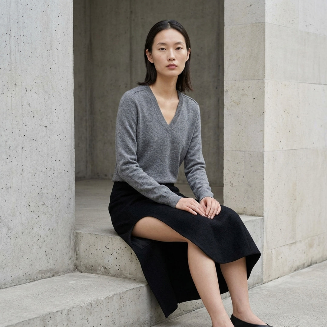 Jil Sander heavy textured sablé black midi skirt with dramatic asymmetric cut-out hem and high-rise waistband, displayed on white background - lifestyle