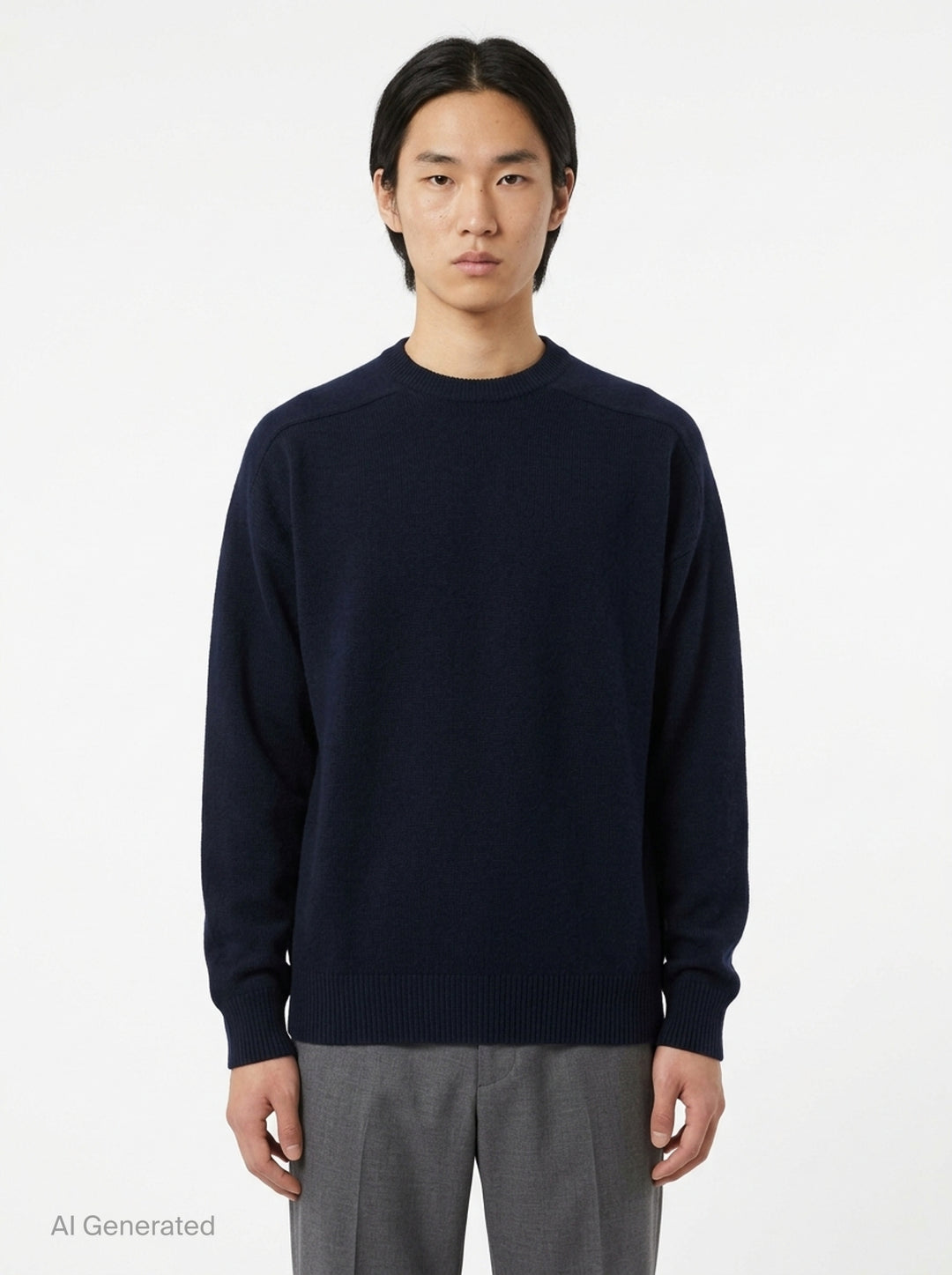 Jil Sander navy long sleeve structured knit jumper with tonal panelling and ribbed crewneck, cuffs, and hem, displayed flat on white background - front