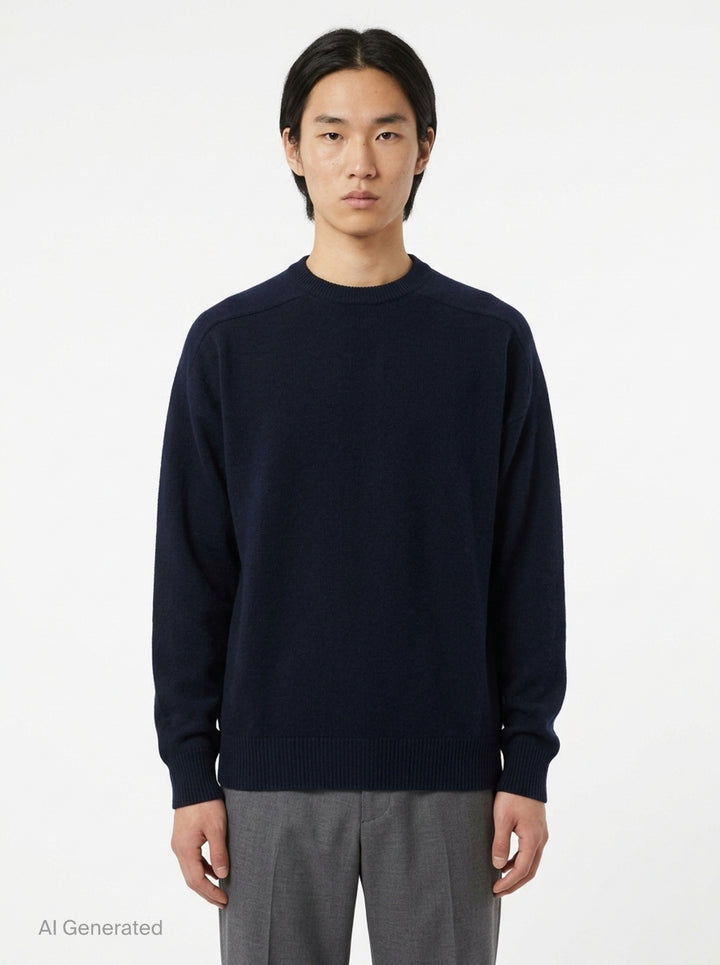 Jil Sander navy long sleeve structured knit jumper with tonal panelling and ribbed crewneck, cuffs, and hem, displayed flat on white background - front