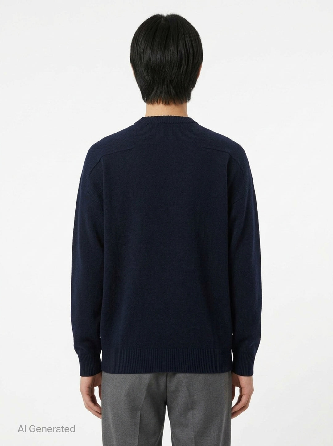 Jil Sander navy long sleeve structured knit jumper with tonal panelling and ribbed crewneck, cuffs, and hem, displayed flat on white background - back