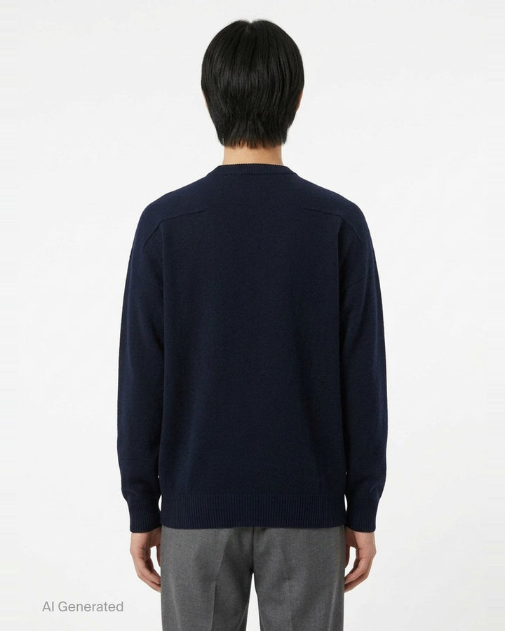 Jil Sander navy long sleeve structured knit jumper with tonal panelling and ribbed crewneck, cuffs, and hem, displayed flat on white background - back