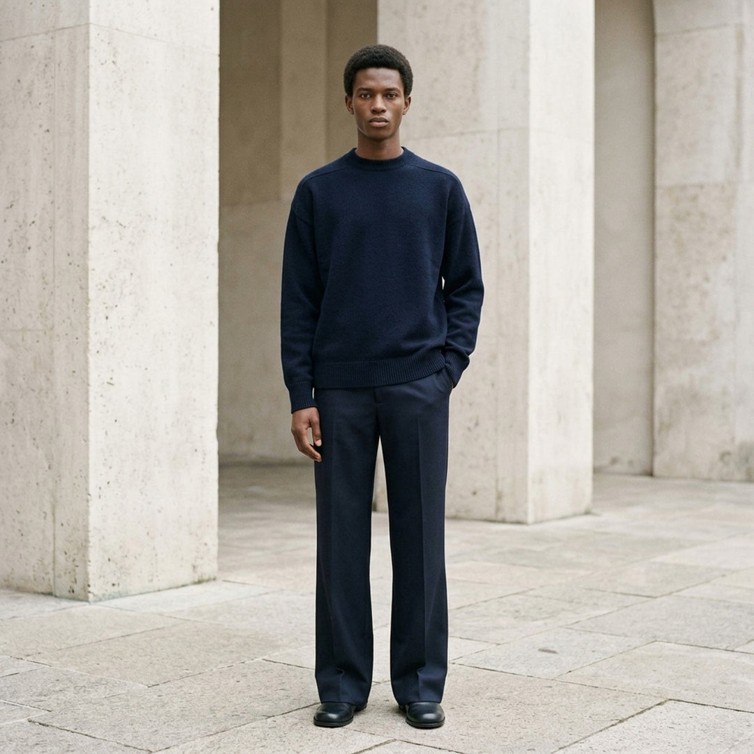 Jil Sander navy long sleeve structured knit jumper with tonal panelling and ribbed crewneck, cuffs, and hem, displayed flat on white background - lifestyle