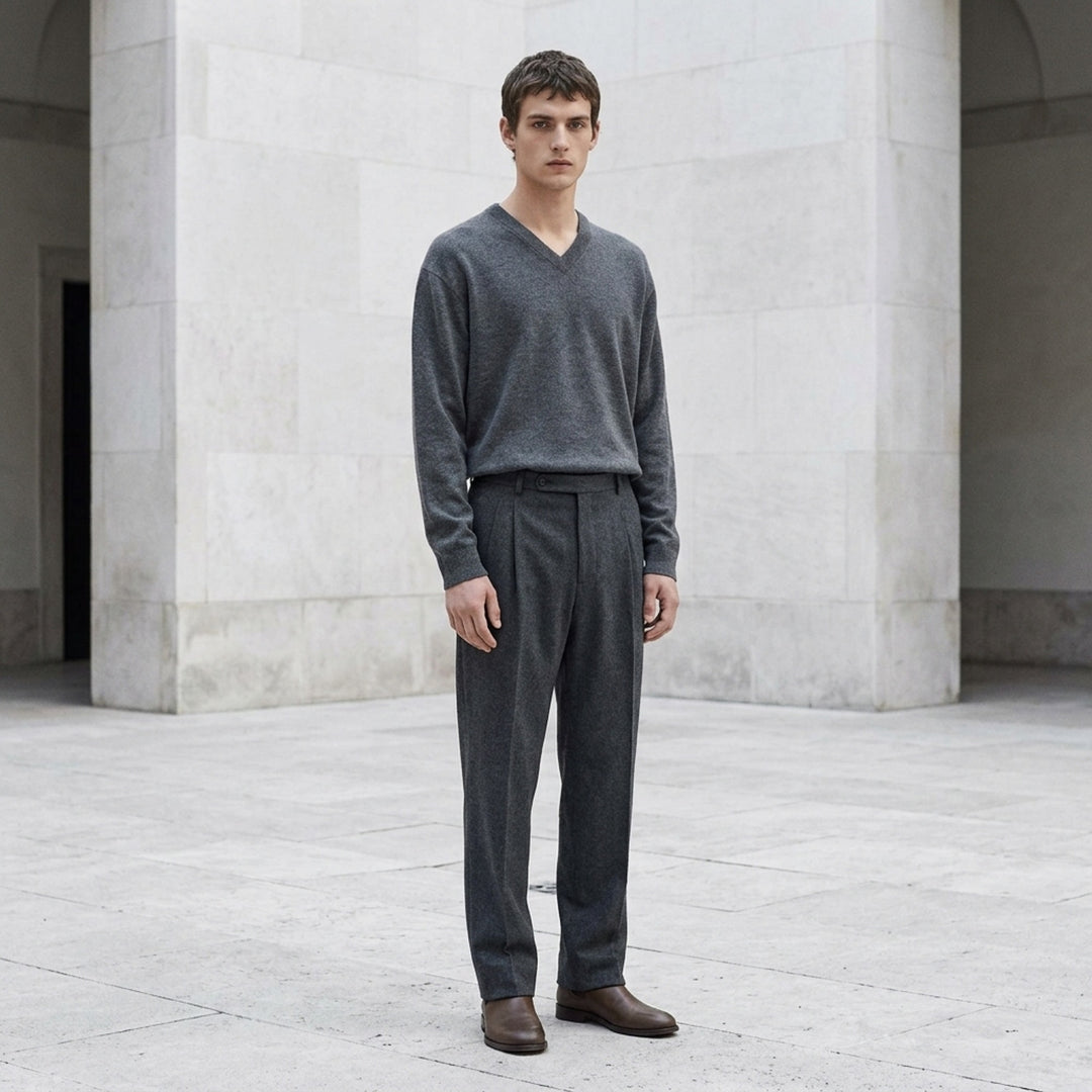 Jil Sander long sleeve V-neck jumper in heather grey fine-gauge knit, front view on white background - lifestyle