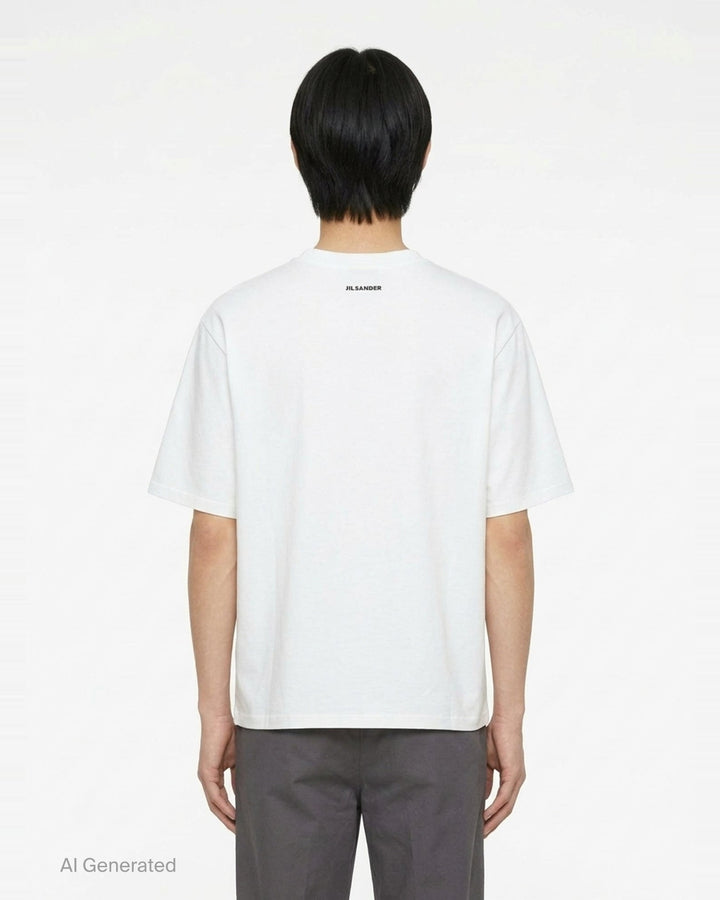 Jil Sander white oversized short sleeve crew neck T-shirt with a painterly still-life print featuring lemons on a terracotta, pink, and blue painted background - back