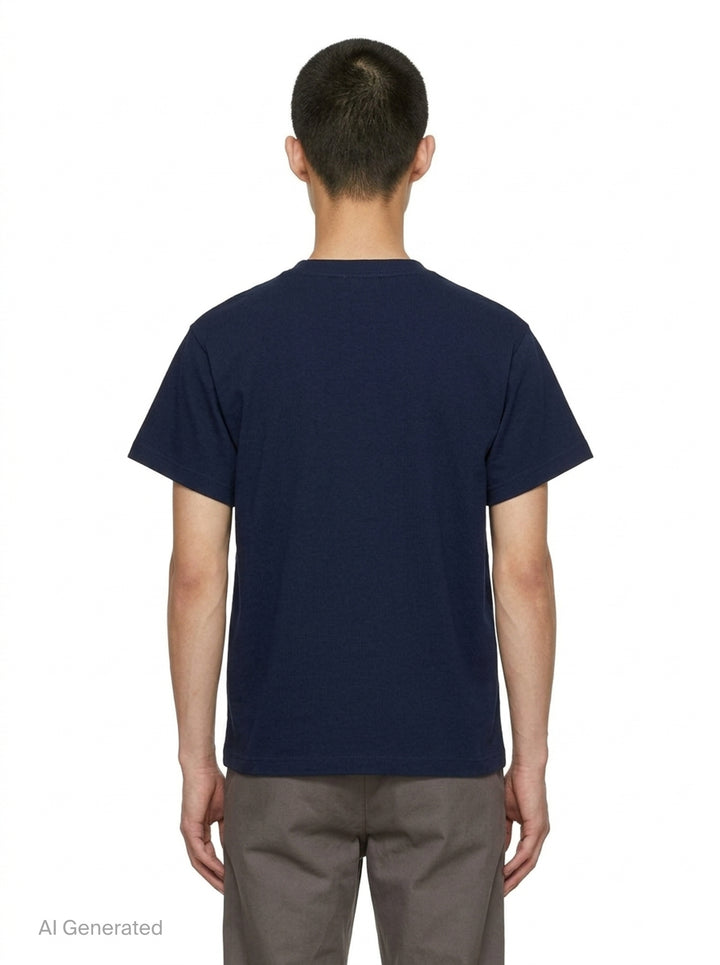Jil Sander heather grey cotton-cashmere short sleeve crew neck t-shirt with a small navy dot embroidery on the chest and a woven brand label at the back neck - back