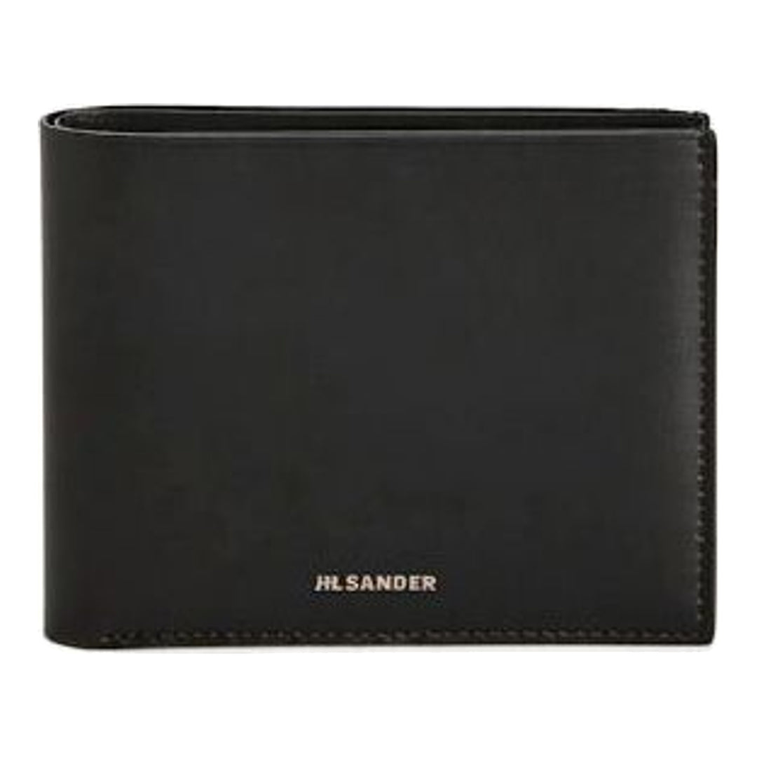 Jil Sander Soft Calf Pocket Wallet in black smooth leather with silver-tone embossed logo lettering on the front face - packshot