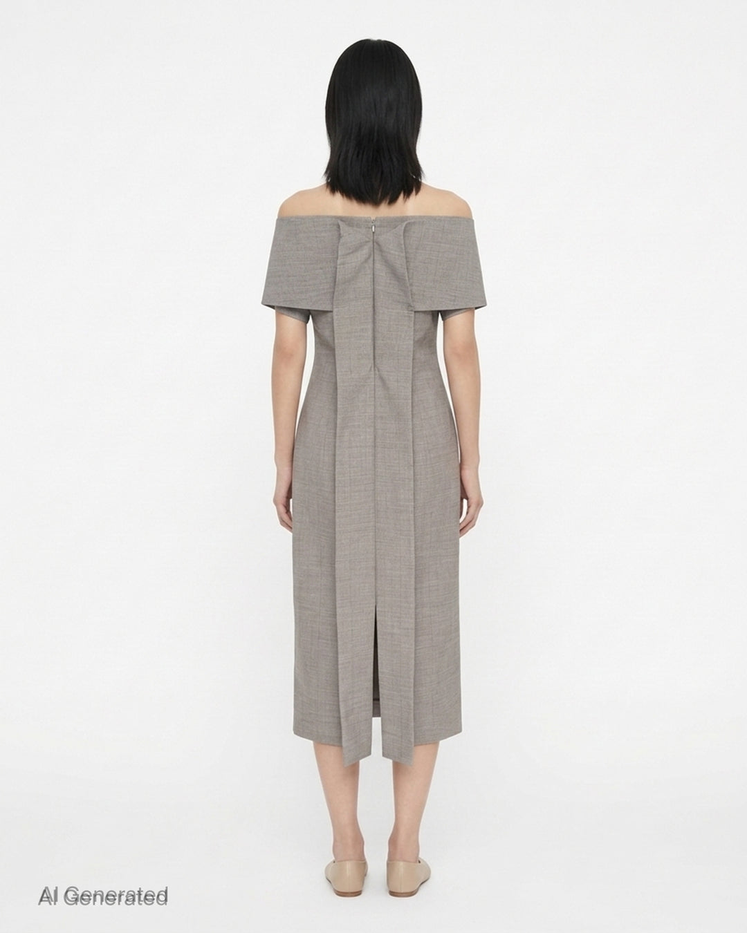 Jil Sander grey subtle check wool midi dress with off-the-shoulder neckline and short cap sleeves - back