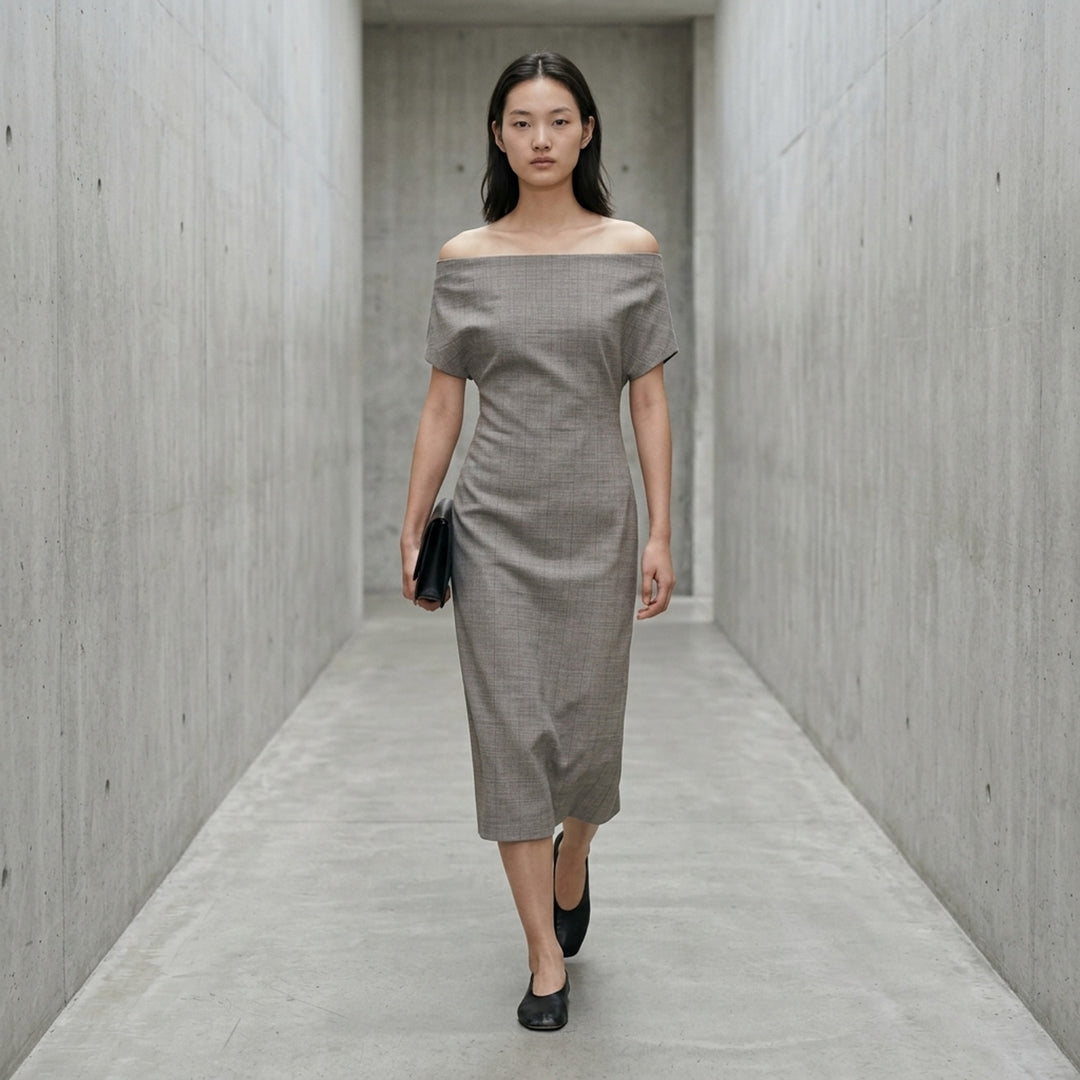Jil Sander grey subtle check wool midi dress with off-the-shoulder neckline and short cap sleeves - lifestyle
