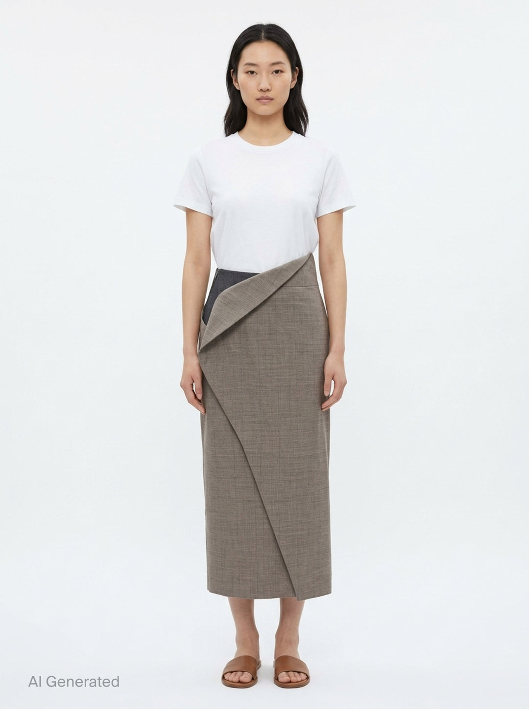 Jil Sander Subtle Check Wrap Skirt in taupe melange wool with sculptural origami fold at waist and diagonal overlay seam, midi length, side view - front