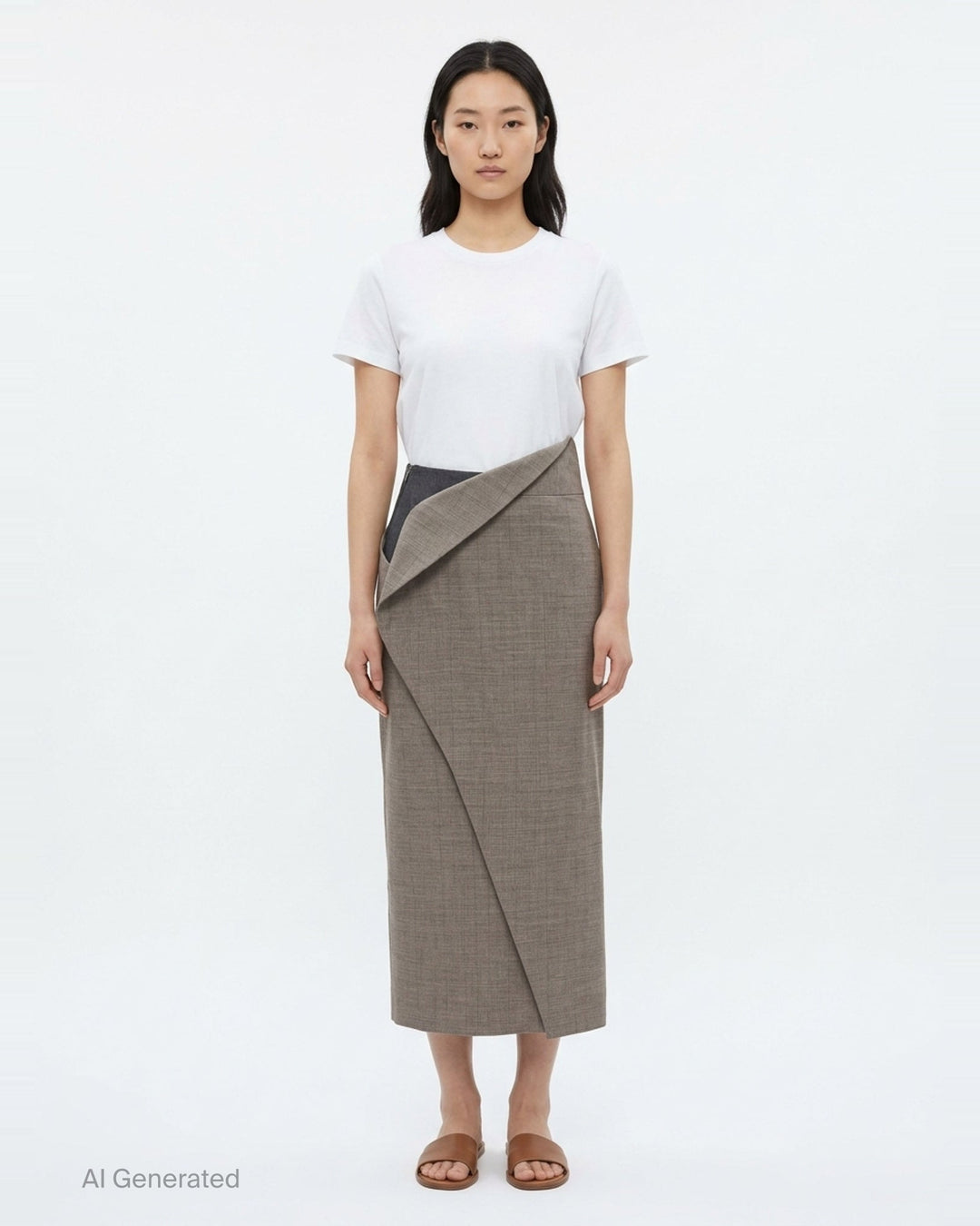 Jil Sander Subtle Check Wrap Skirt in taupe melange wool with sculptural origami fold at waist and diagonal overlay seam, midi length, side view - front