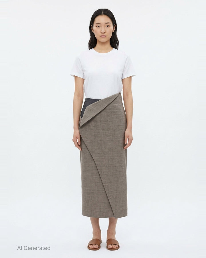 Jil Sander Subtle Check Wrap Skirt in taupe melange wool with sculptural origami fold at waist and diagonal overlay seam, midi length, side view - front