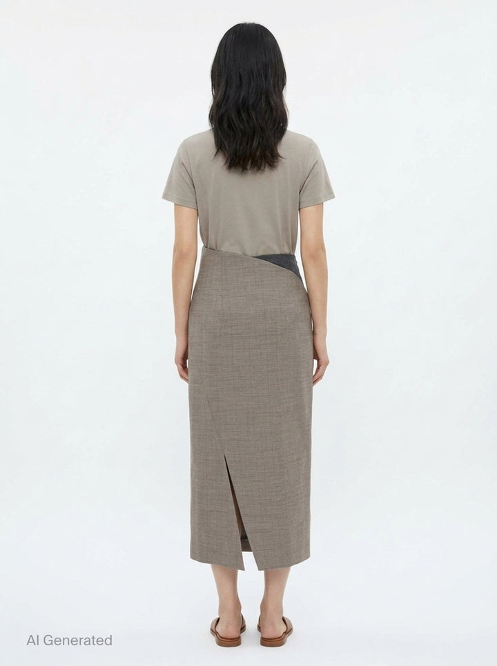 Jil Sander Subtle Check Wrap Skirt in taupe melange wool with sculptural origami fold at waist and diagonal overlay seam, midi length, side view - back