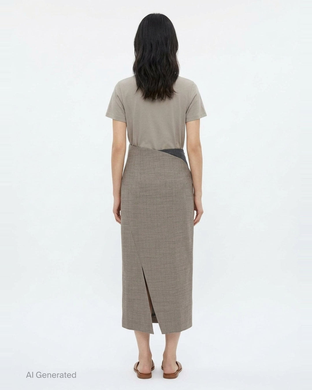Jil Sander Subtle Check Wrap Skirt in taupe melange wool with sculptural origami fold at waist and diagonal overlay seam, midi length, side view - back