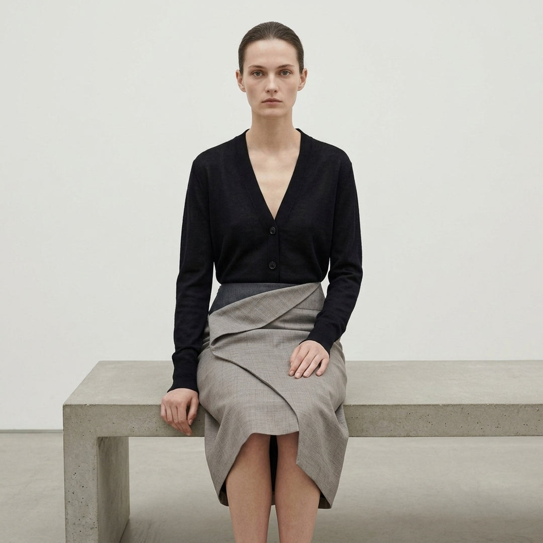 Jil Sander Subtle Check Wrap Skirt in taupe melange wool with sculptural origami fold at waist and diagonal overlay seam, midi length, side view - lifestyle