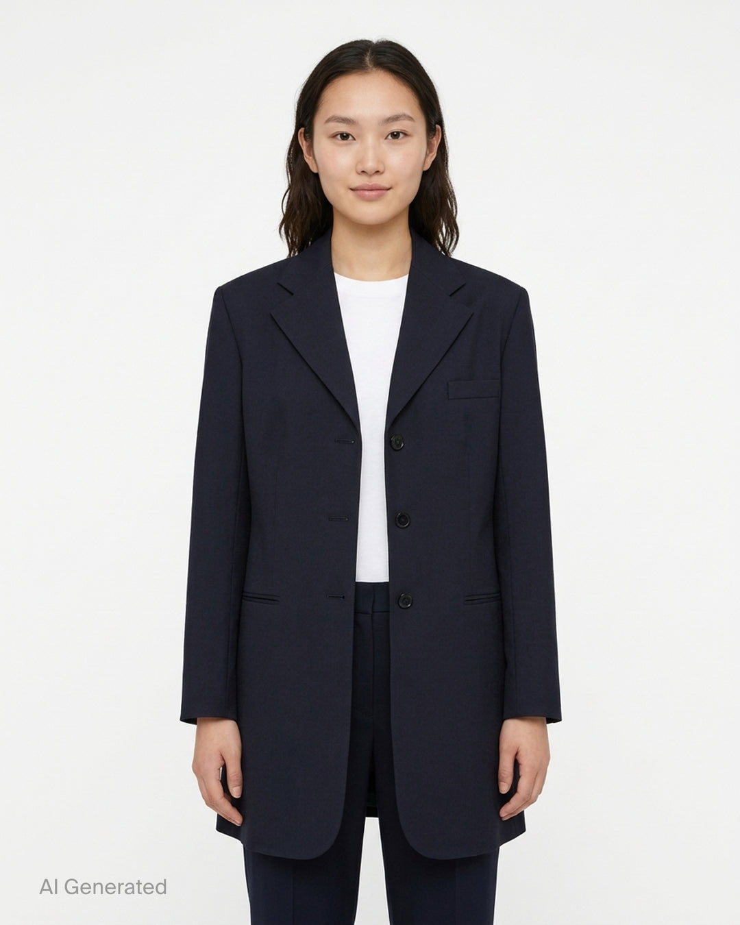 Jil Sander navy stretch wool longline single-breasted jacket with notched lapel and three-button front - front