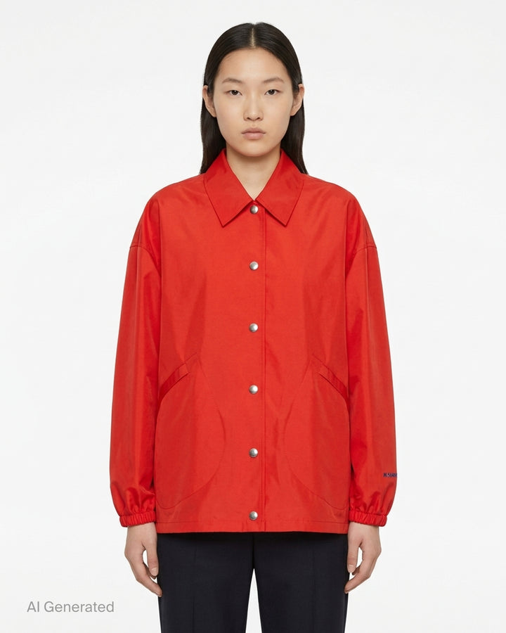 Jil Sander red technical coach jacket with pointed collar, silver snap-button front, curved pockets and elasticated cuffs - front