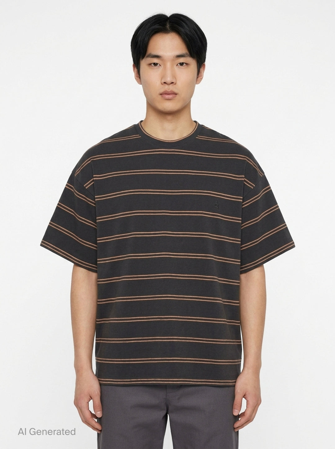 Jil Sander charcoal short sleeve t-shirt with terracotta horizontal pinstripes and tonal embroidered monogram at chest, crew neckline, oversized fit, on white background - front