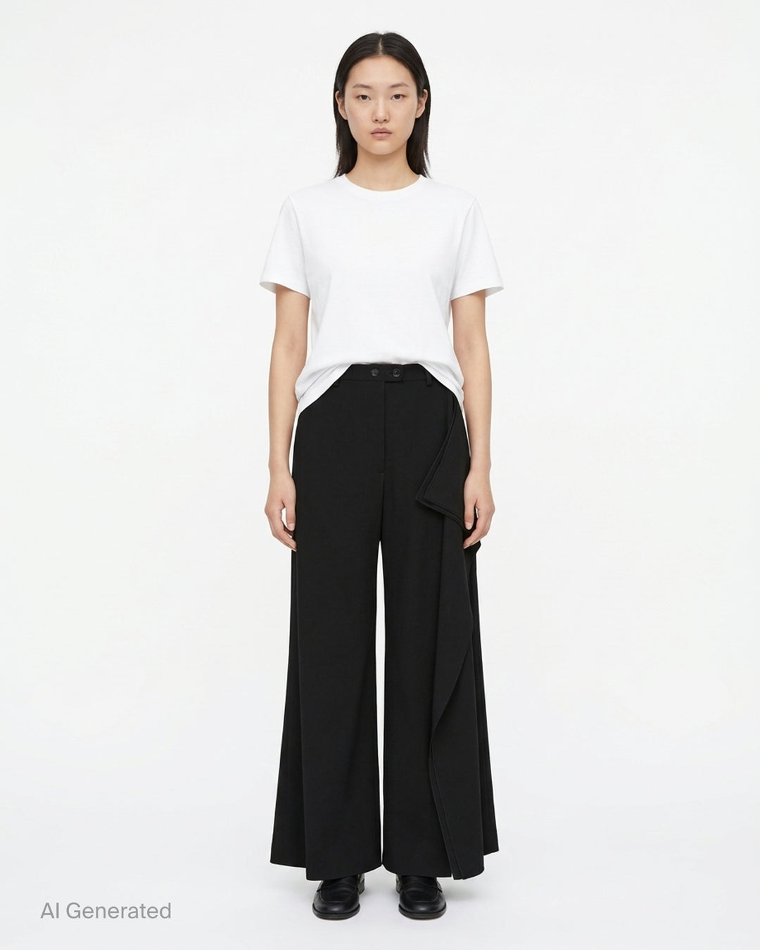 Jil Sander black wide-leg trousers with a cascading draped panel and button-fastened waistband, shown from the front - front