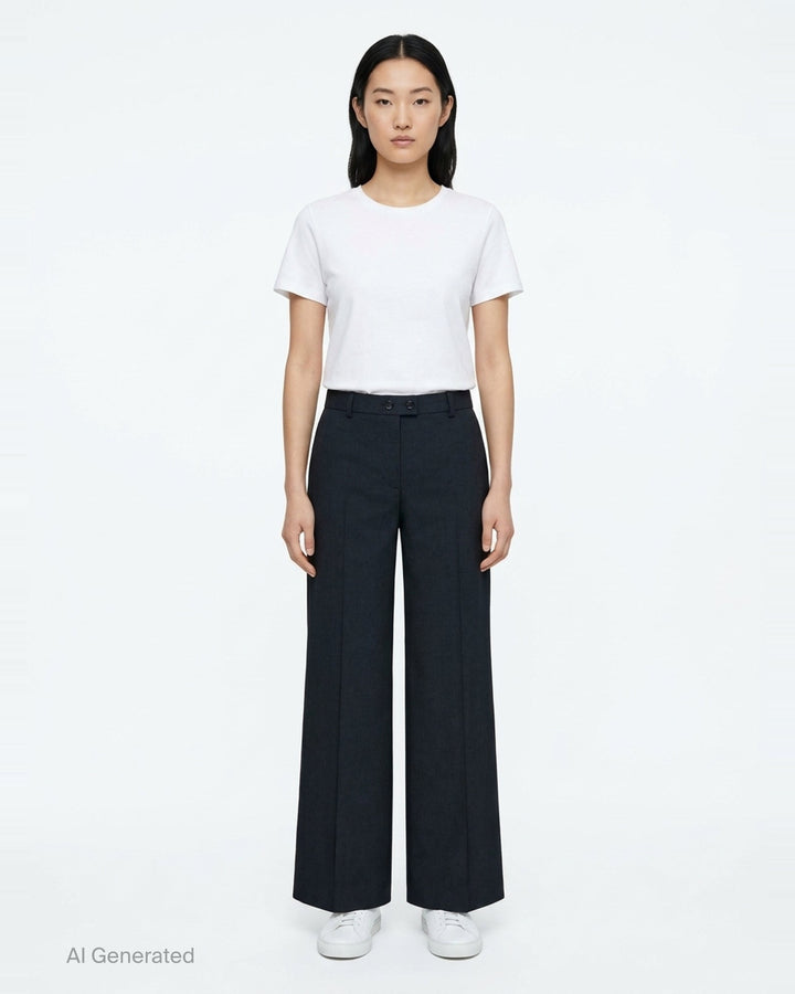 Jil Sander wide-leg stretch wool trousers in taupe with front creases, double-button waist, and belt loops, styled flat on a white background - front