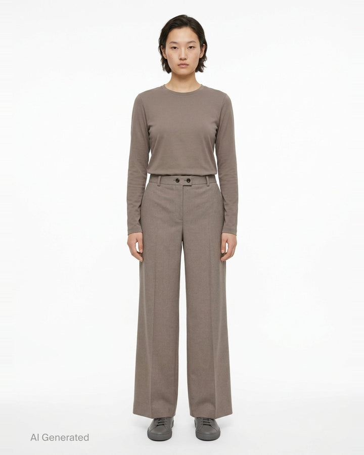 Jil Sander wide-leg stretch wool trousers in taupe with front creases, double-button waist, and belt loops, styled flat on a white background - front