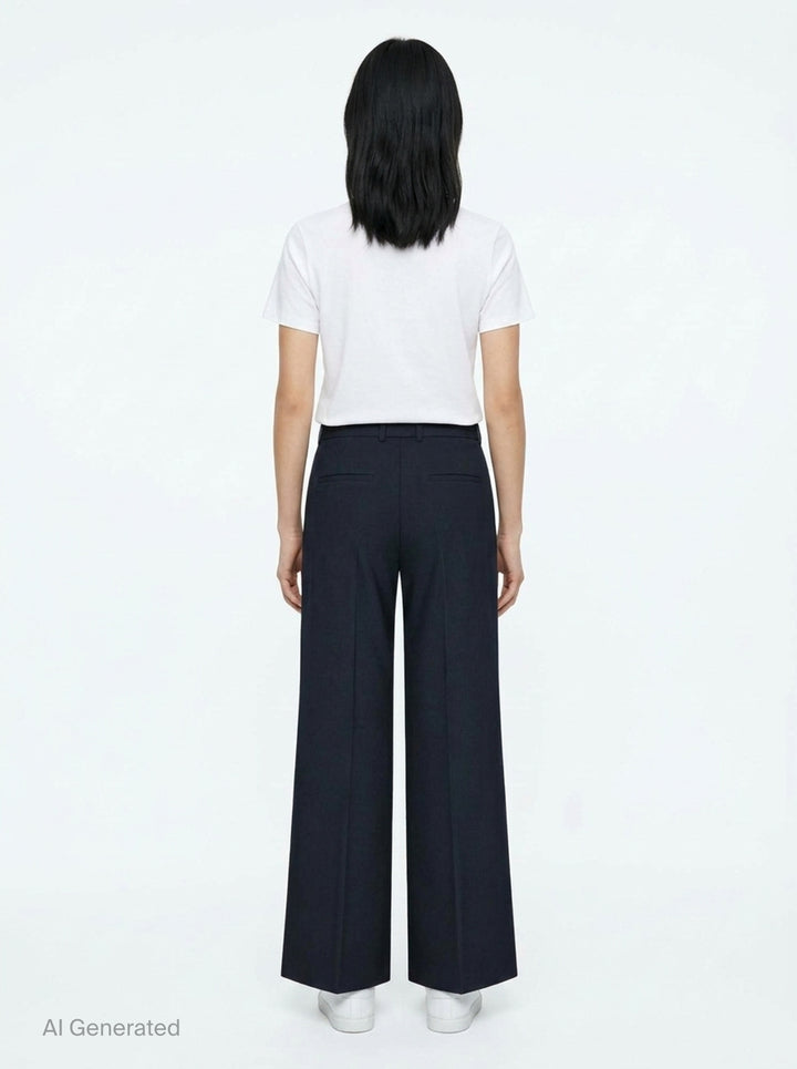 Jil Sander wide-leg stretch wool trousers in taupe with front creases, double-button waist, and belt loops, styled flat on a white background - back