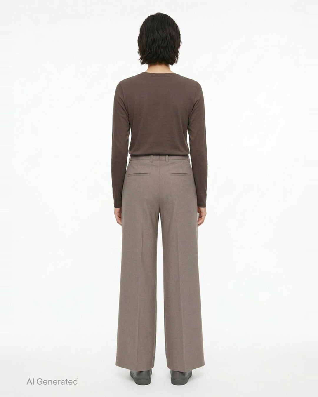 Jil Sander wide-leg stretch wool trousers in taupe with front creases, double-button waist, and belt loops, styled flat on a white background - back