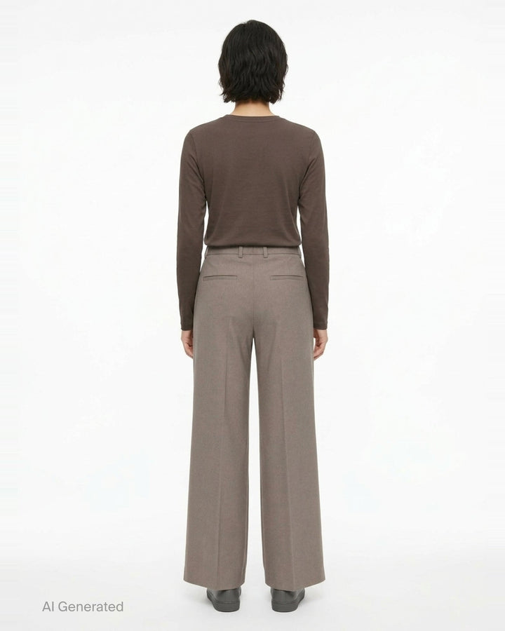 Jil Sander wide-leg stretch wool trousers in taupe with front creases, double-button waist, and belt loops, styled flat on a white background - back