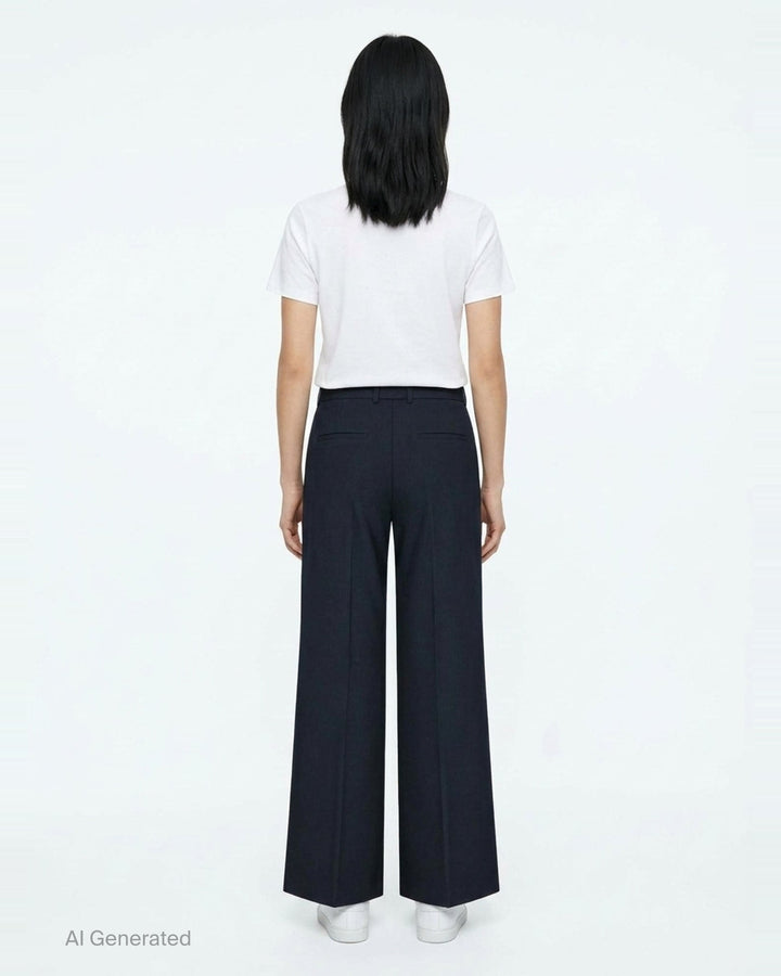 Jil Sander wide-leg stretch wool trousers in taupe with front creases, double-button waist, and belt loops, styled flat on a white background - back