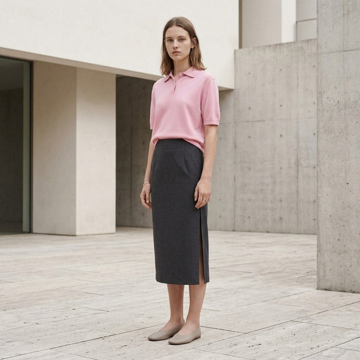 Jil Sander charcoal grey wool mohair pencil skirt with a high waist and side slit, shown front view - lifestyle