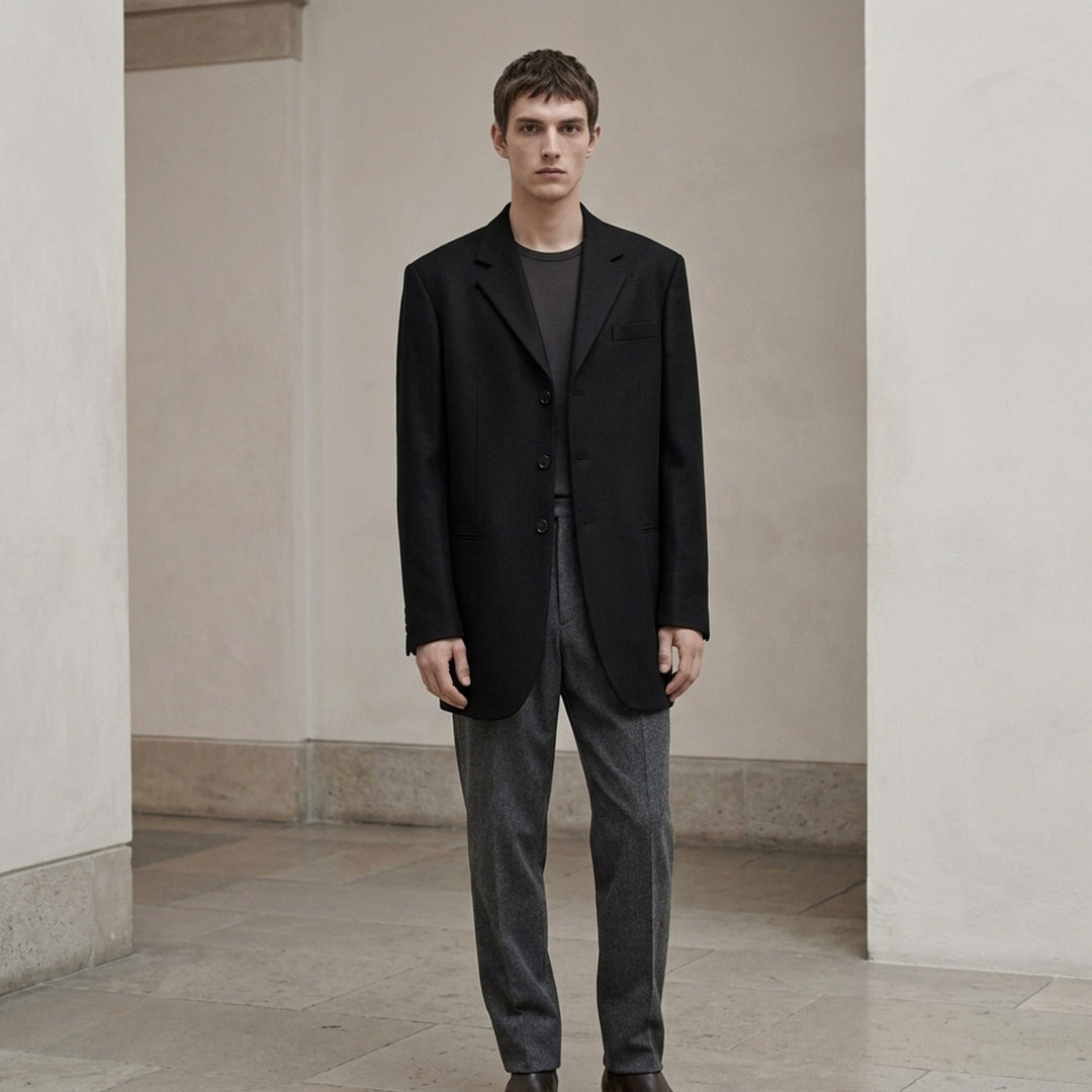 Jil Sander black single-breasted wool mohair jacket with notch lapels and three-button closure, shown from the front - lifestyle
