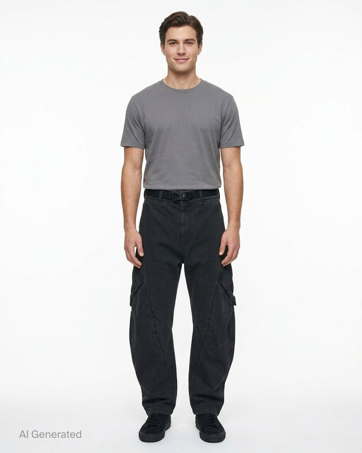 Jiyong Kim washed black multi-pocket cargo trousers with curved wide-leg silhouette, flap pockets and black buckle belt, shown front view - front