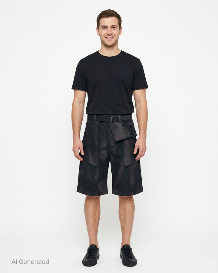 JiyongKim sun-bleached black shorts with belted waist, detachable zip pocket and oversized flap cargo pockets - front