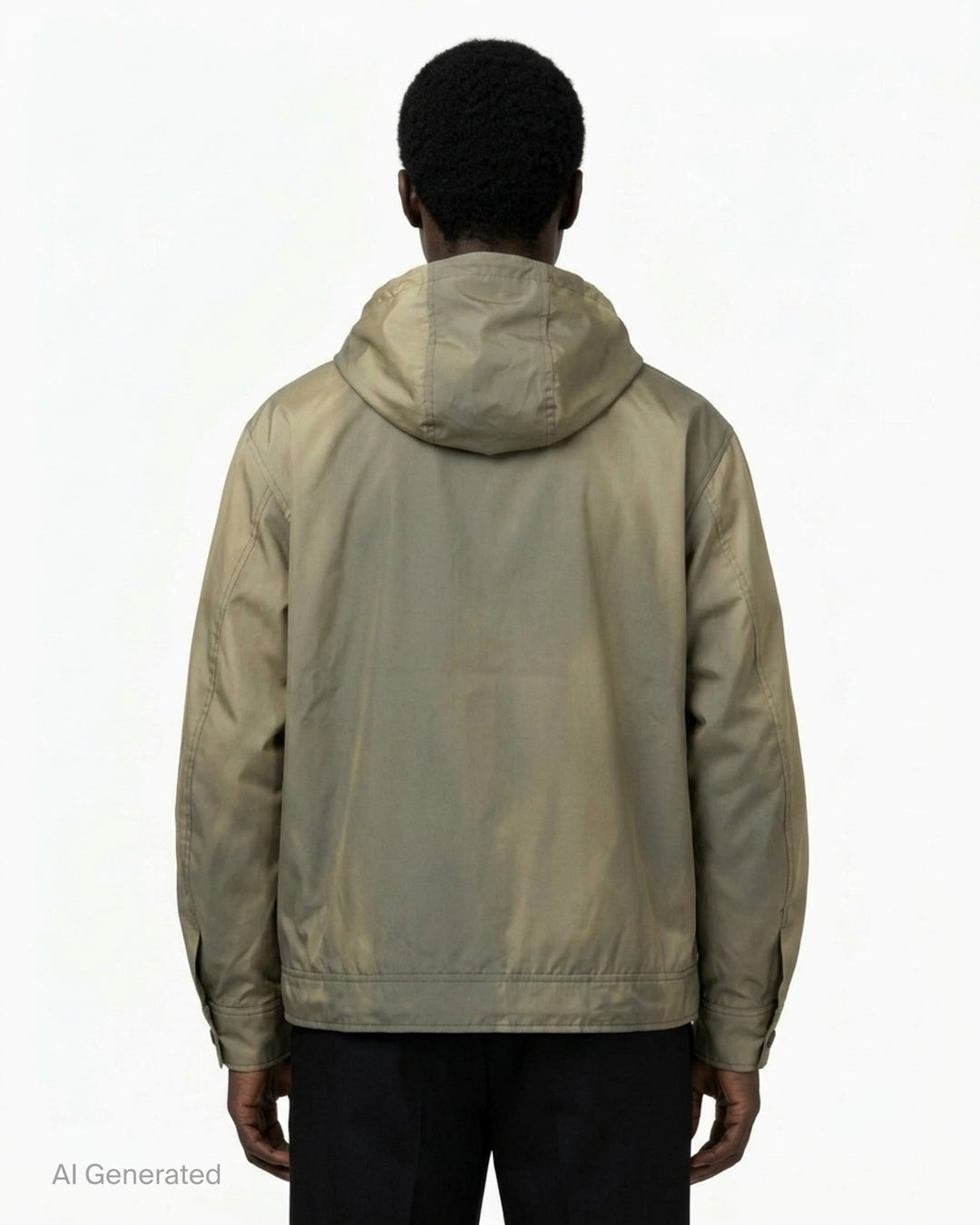 JiyongKim Sun-Bleached Oversized Jacket in faded olive-khaki with asymmetric button closure, drawcord hood and rounded sleeves, shown flat against a white background - back