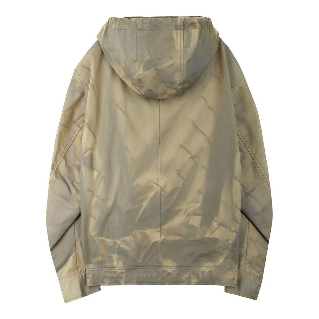 JiyongKim Sun-Bleached Oversized Jacket in faded olive-khaki with asymmetric button closure, drawcord hood and rounded sleeves, shown flat against a white background - packshot