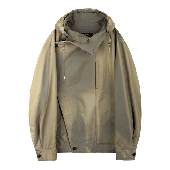 JiyongKim Sun-Bleached Oversized Jacket in faded olive-khaki with asymmetric button closure, drawcord hood and rounded sleeves, shown flat against a white background - packshot
