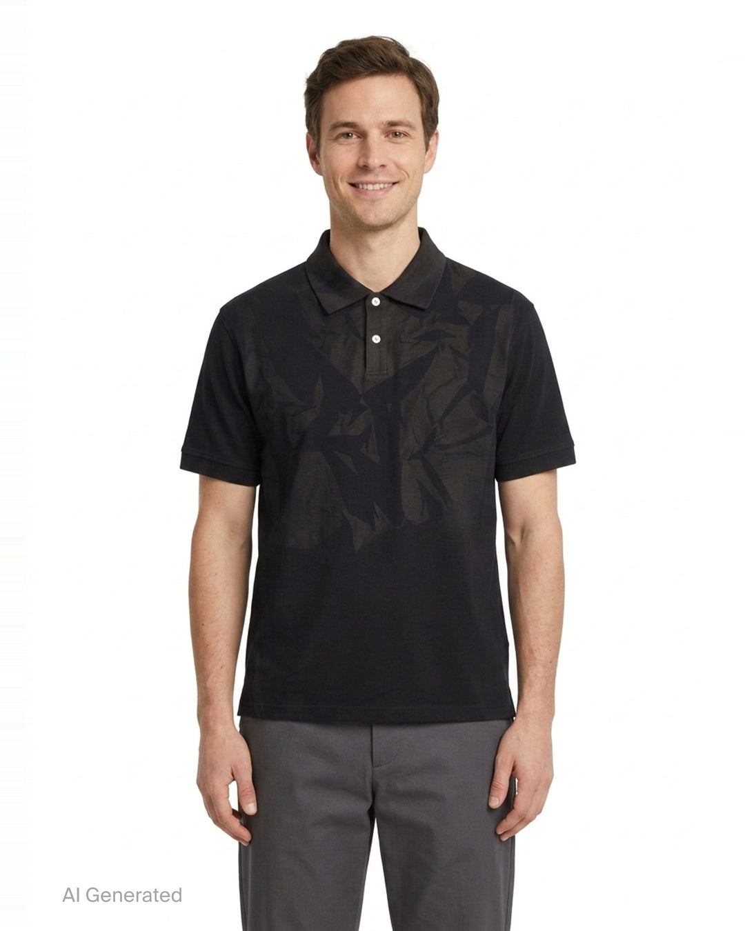 JiyongKim Sun-Bleached Pack Polo in black, displayed flat, featuring a tonal crumpled-fabric graphic panel across the front chest and a two-button placket - front