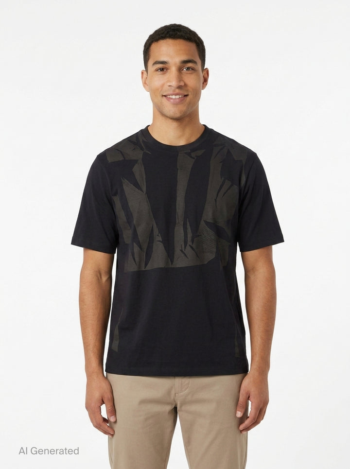 JiyongKim Sun-Bleached Pack Tee in black, flat lay front view showing crinkled nylon tonal appliqué panels across the chest on an oversized short sleeve silhouette - front