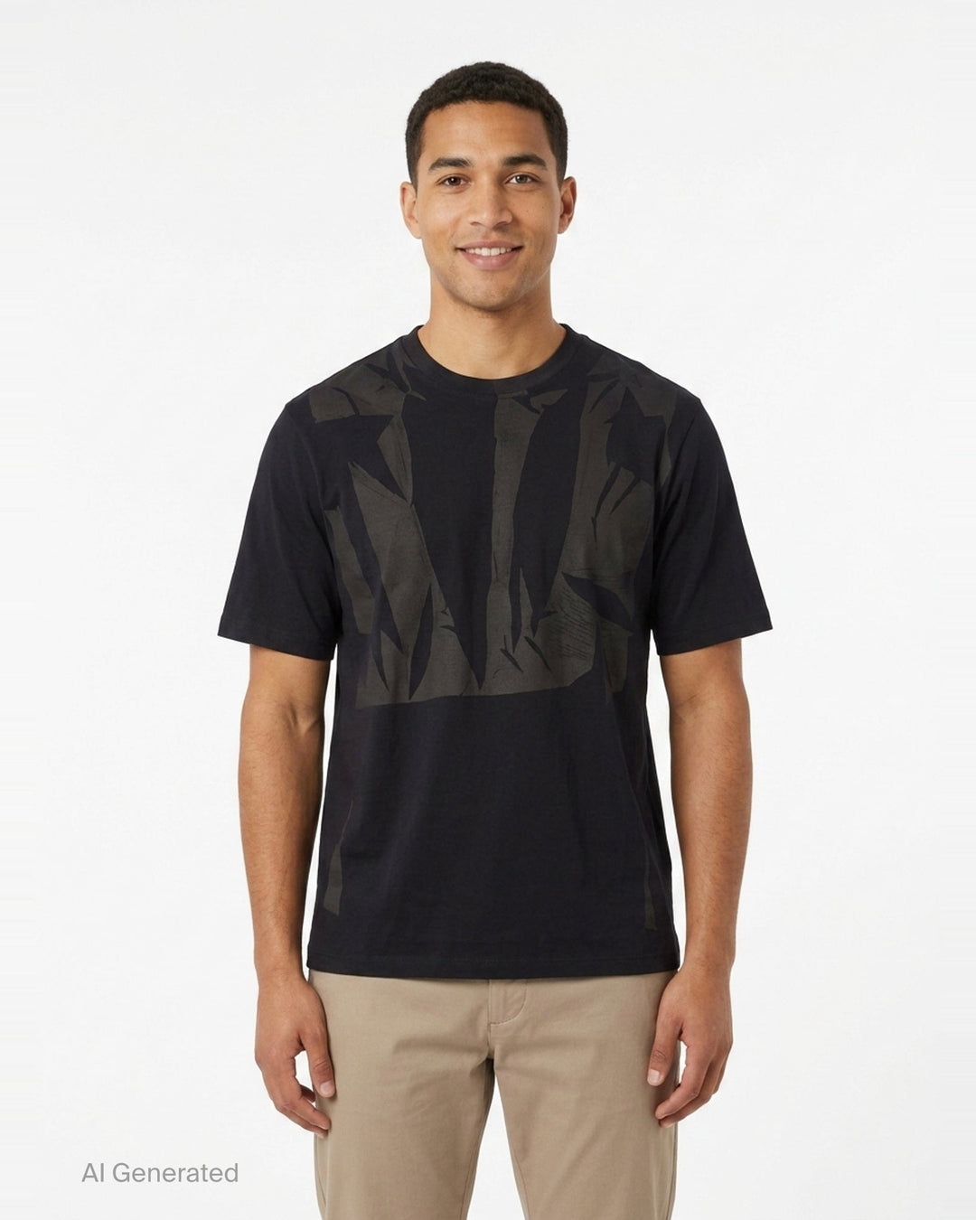 JiyongKim Sun-Bleached Pack Tee in black, flat lay front view showing crinkled nylon tonal appliqué panels across the chest on an oversized short sleeve silhouette - front